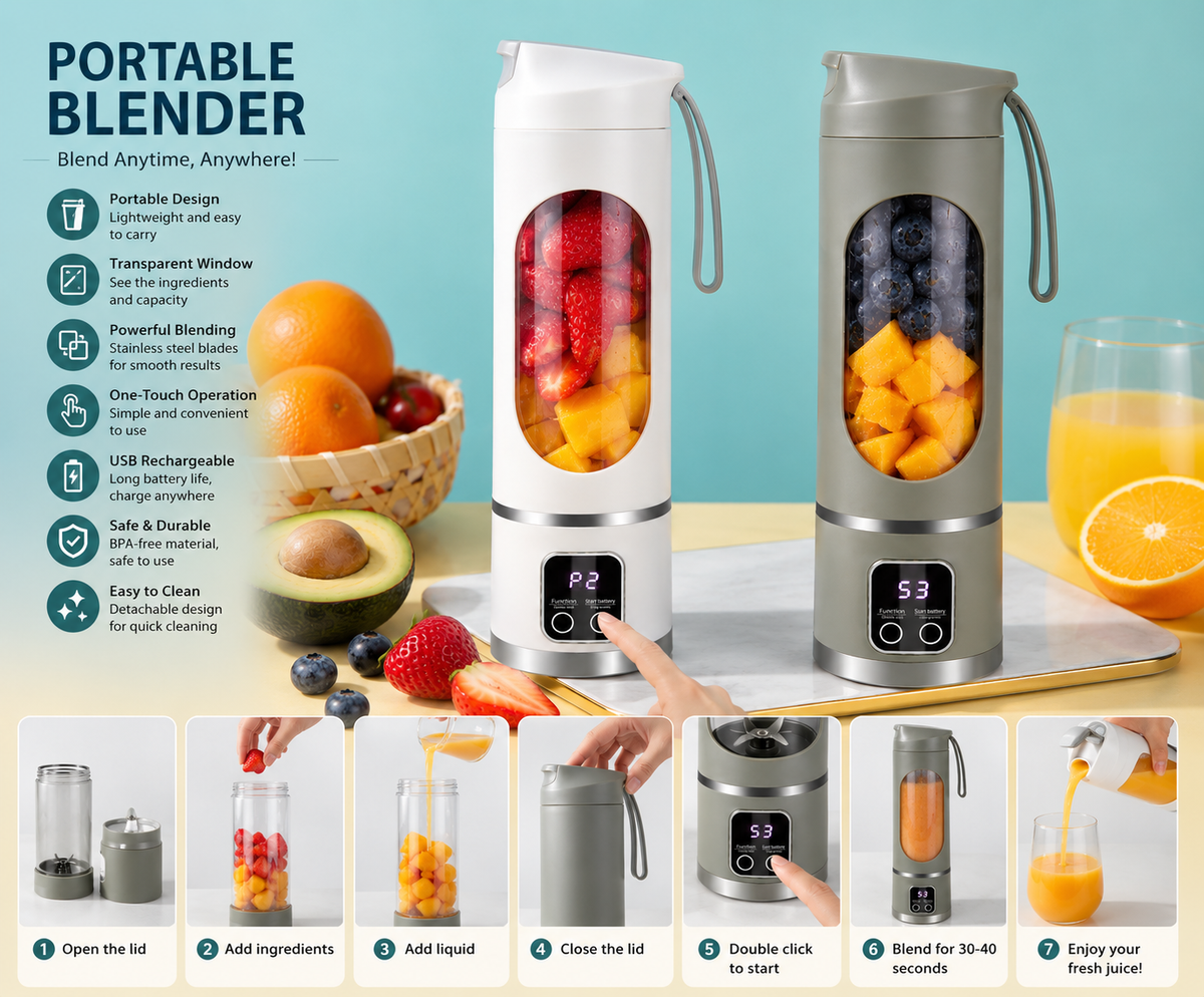 Portable USB Rechargeable Juicer Blender – 6-Blade Mini Smoothie Maker, Personal Fruit Mixer, Travel Blender for Smoothies, Milkshakes & Fresh Juice